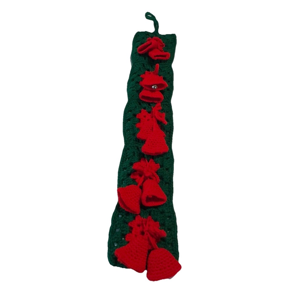 Hand Made Crocheted Door/Wall Hanger Christmas Bells 23" Long Red And Green